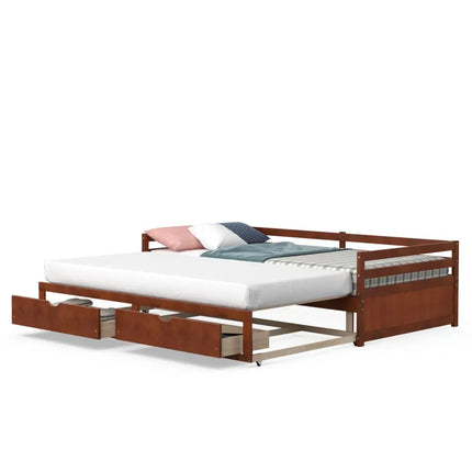 Extendable Twin to King Daybed with Trundle and 2 Storage Drawers-Brown - Brown - Trundle Bed Frame