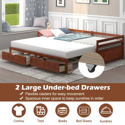 Extendable Twin to King Daybed with Trundle and 2 Storage Drawers-Brown - Brown - Trundle Bed Frame