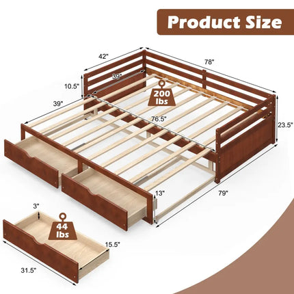 Extendable Twin to King Daybed with Trundle and 2 Storage Drawers-Brown - Brown - Trundle Bed Frame