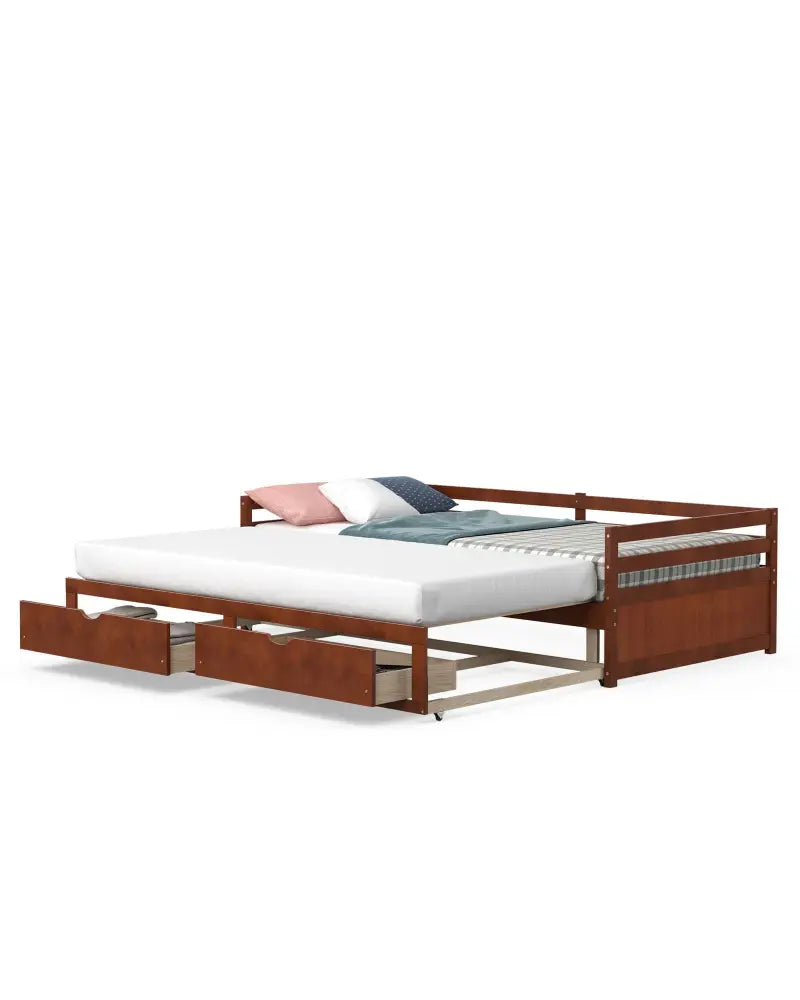 Extendable Twin to King Daybed with Trundle and 2 Storage Drawers-Brown - Brown - Trundle Bed Frame