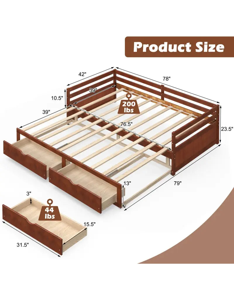 Extendable Twin to King Daybed with Trundle and 2 Storage Drawers-Brown - Brown - Trundle Bed Frame