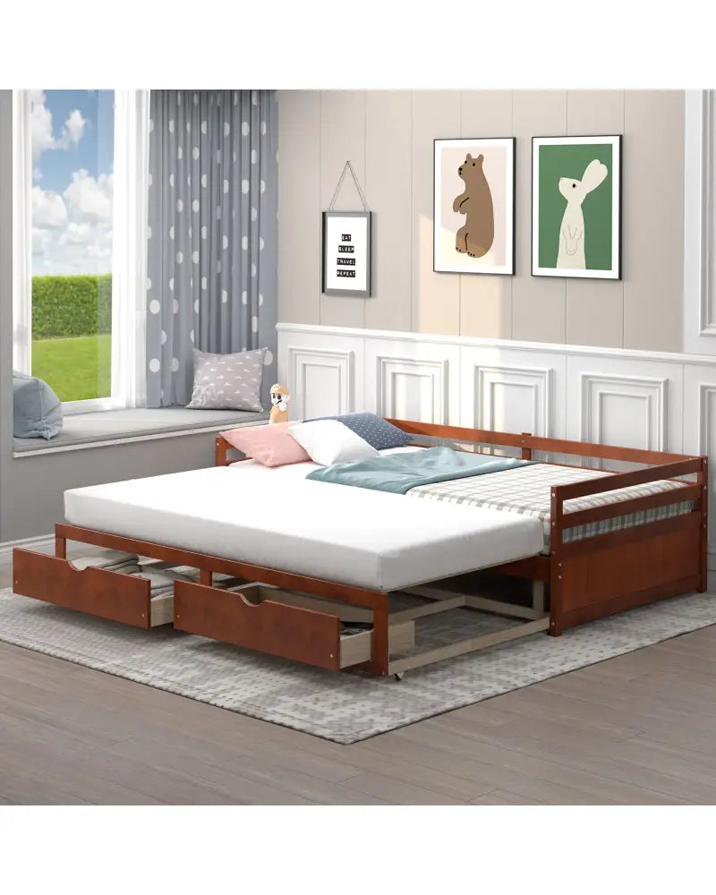Extendable Twin to King Daybed with Trundle and 2 Storage Drawers-Brown - Brown - Trundle Bed Frame