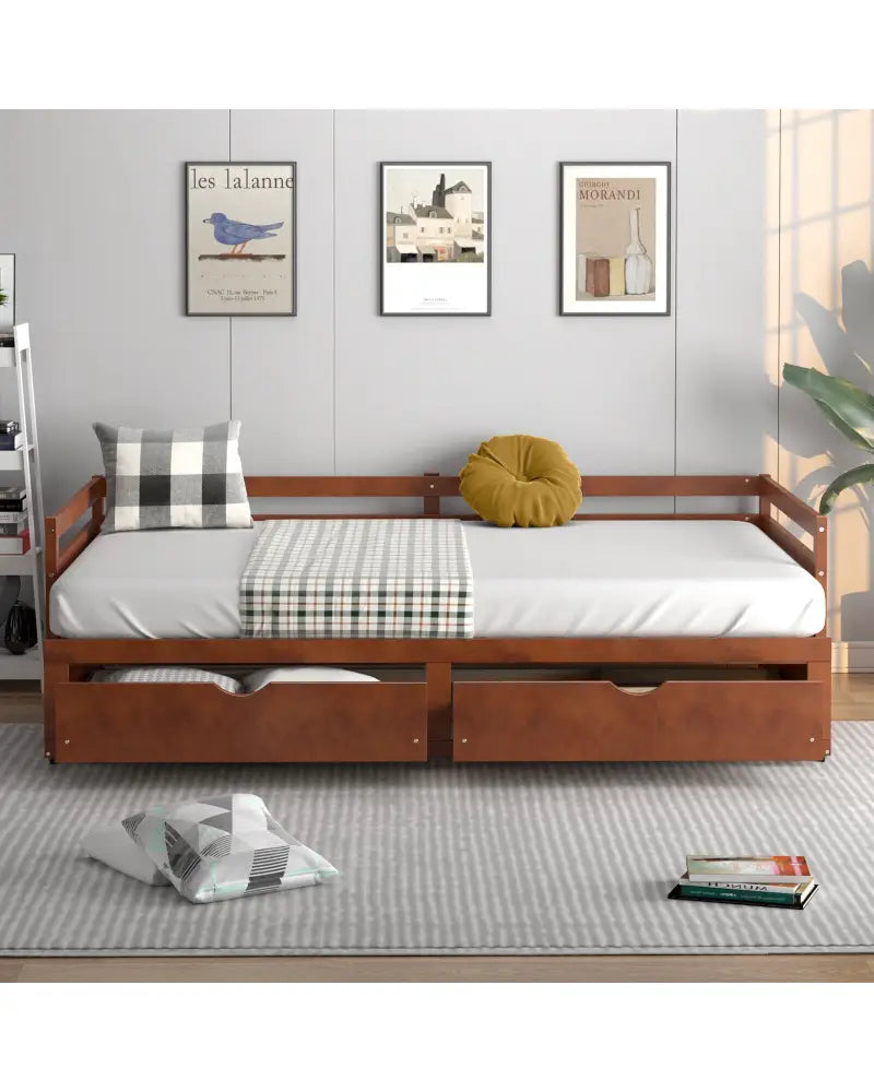 Extendable Twin to King Daybed with Trundle and 2 Storage Drawers-Brown - Brown - Trundle Bed Frame