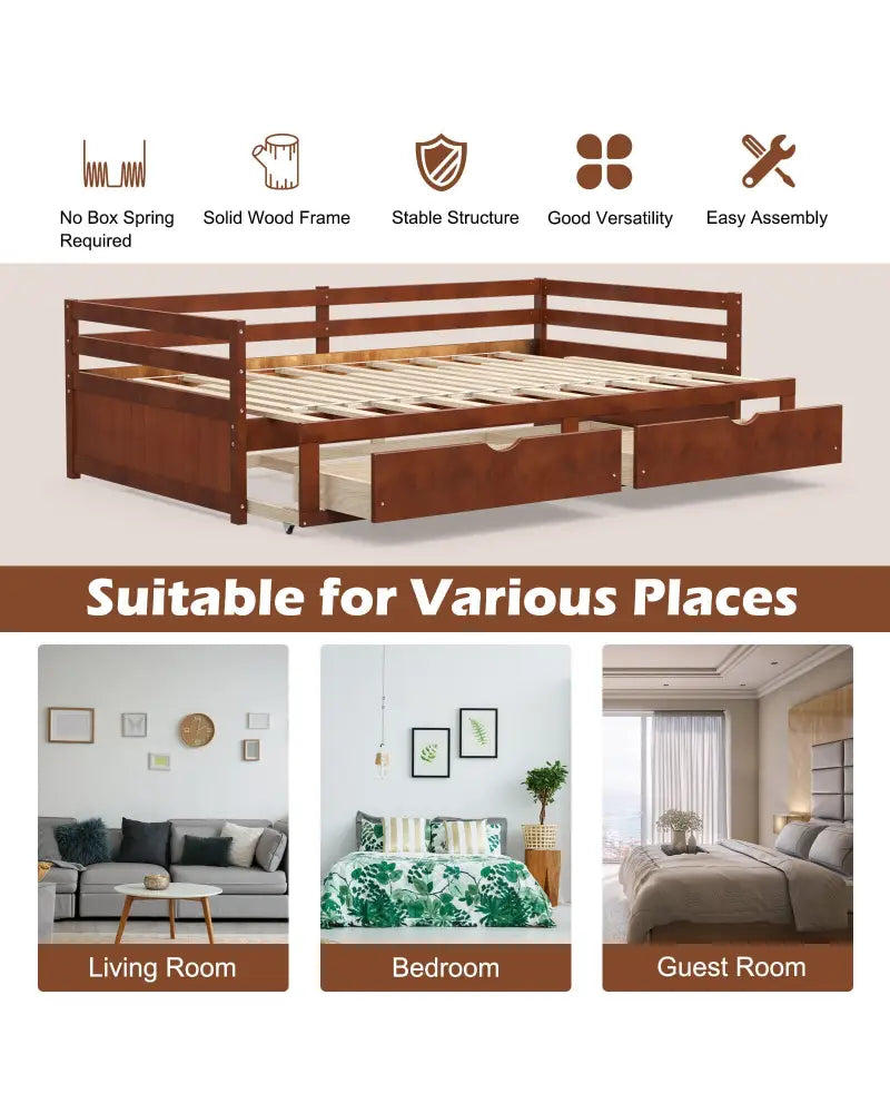 Extendable Twin to King Daybed with Trundle and 2 Storage Drawers-Brown - Brown - Trundle Bed Frame