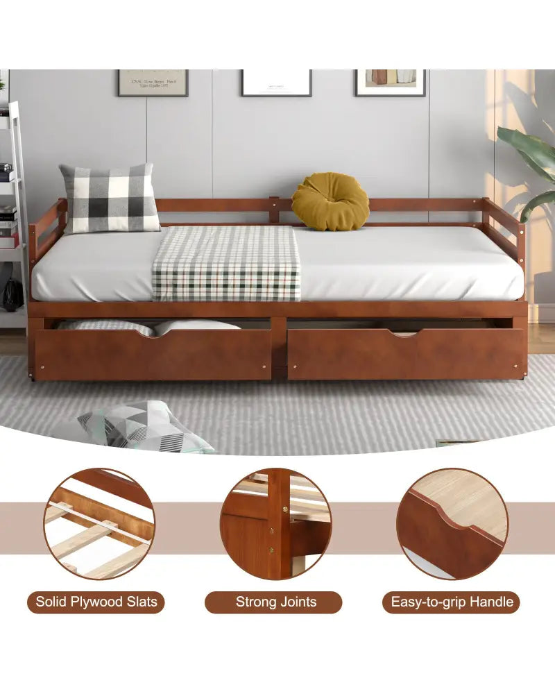 Extendable Twin to King Daybed with Trundle and 2 Storage Drawers-Brown - Brown - Trundle Bed Frame