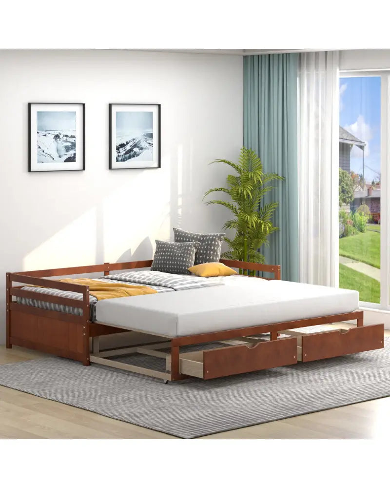 Extendable Twin to King Daybed with Trundle and 2 Storage Drawers-Brown - Brown - Trundle Bed Frame