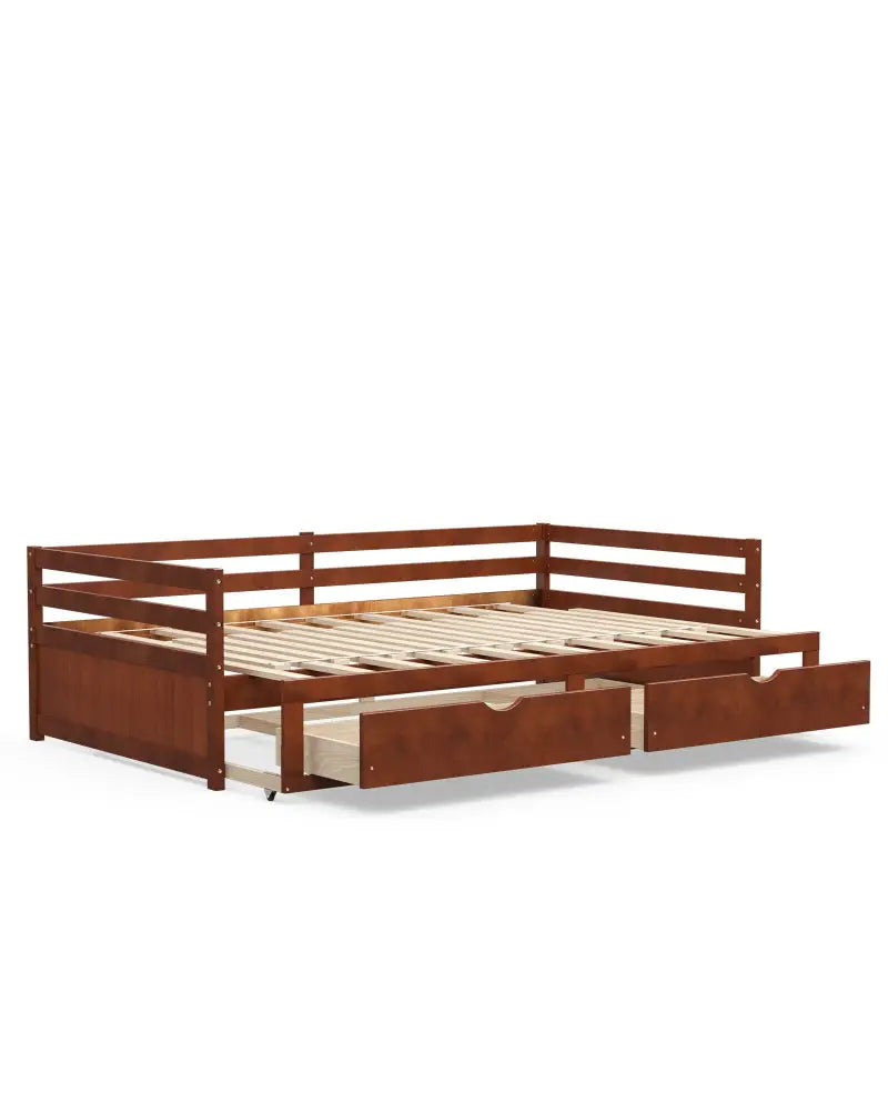 Extendable Twin to King Daybed with Trundle and 2 Storage Drawers-Brown - Brown - Trundle Bed Frame