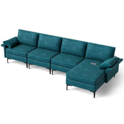 Extra Large L-shaped Sectional Sofa with Reversible Chaise and 2 USB Ports for 4-5 People-Peacock Blue - Turquoise