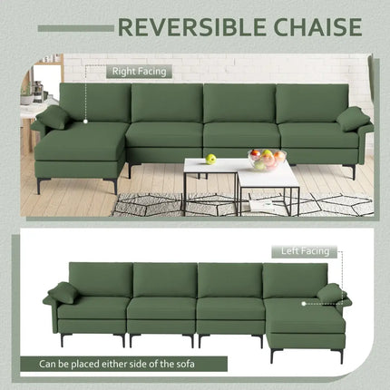 Extra Large L-shaped Sectional Sofa with Reversible Chaise and 2 USB Ports for 4-5 People-Army Green - Army Green