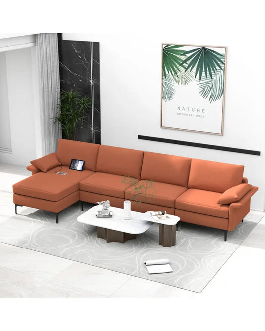 Extra Large L-shaped Sectional Sofa with Reversible Chaise and 2 USB Ports for 4-5 People-Rust Red - Red - Sofas &