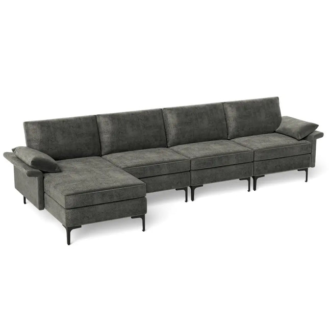 Extra Large L-shaped Sectional Sofa with Reversible Chaise and 2 USB Ports for 4-5 People-Gray - Gray - Sofas &