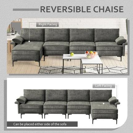 Extra Large L-shaped Sectional Sofa with Reversible Chaise and 2 USB Ports for 4-5 People-Gray - Gray - Sofas &