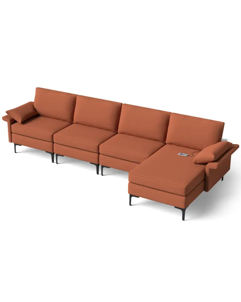 Extra Large L-shaped Sectional Sofa with Reversible Chaise and 2 USB Ports for 4-5 People-Rust Red - Red - Sofas &
