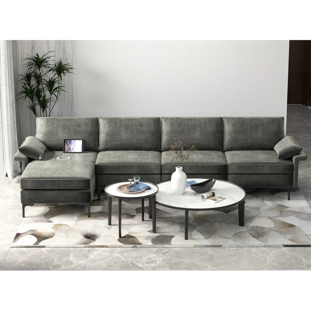 Extra Large L-shaped Sectional Sofa with Reversible Chaise and 2 USB Ports for 4-5 People-Gray - Gray - Sofas &