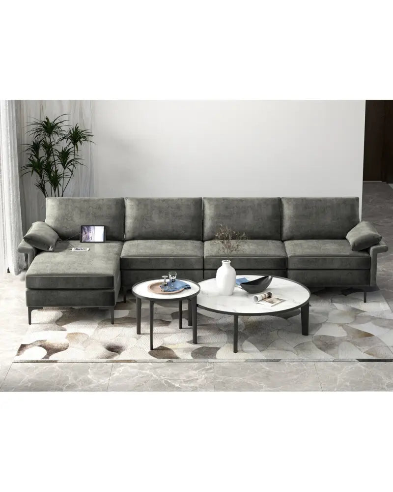 Extra Large L-shaped Sectional Sofa with Reversible Chaise and 2 USB Ports for 4-5 People-Gray - Gray - Sofas &