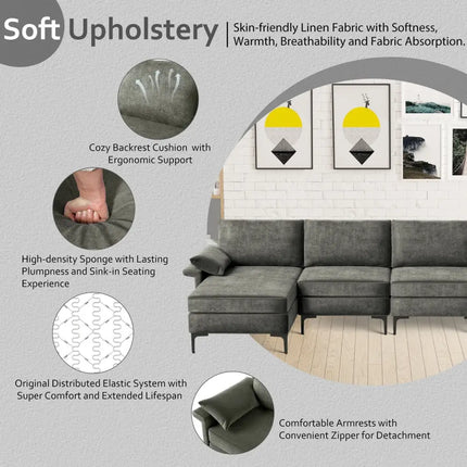 Extra Large L-shaped Sectional Sofa with Reversible Chaise and 2 USB Ports for 4-5 People-Gray - Gray - Sofas &