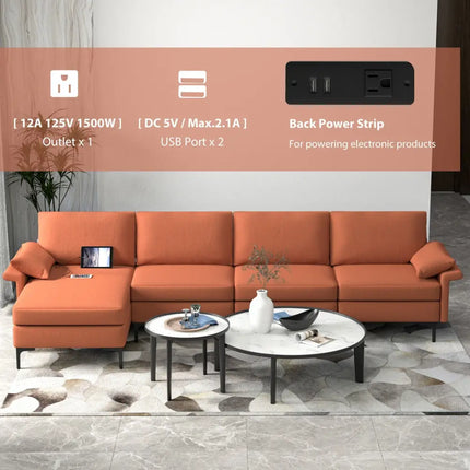 Extra Large L-shaped Sectional Sofa with Reversible Chaise and 2 USB Ports for 4-5 People-Rust Red - Red - Sofas &