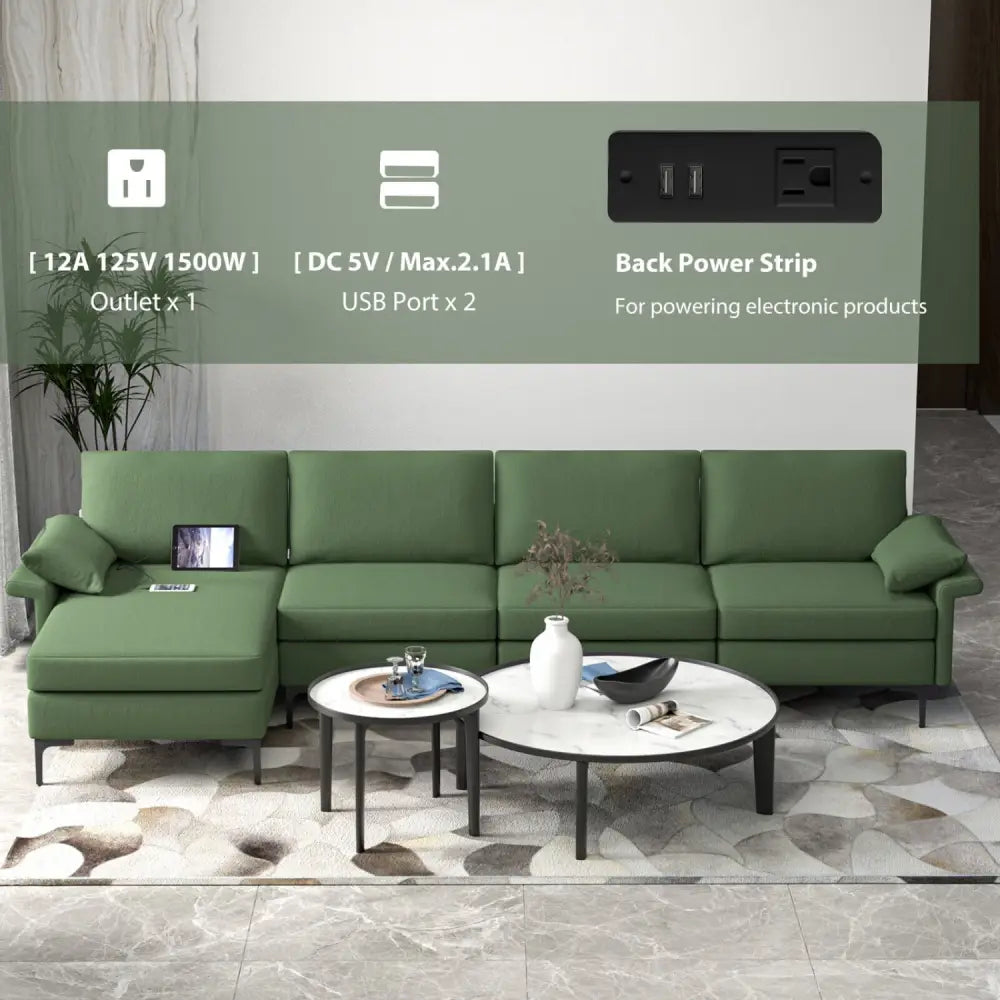 Extra Large L-shaped Sectional Sofa with Reversible Chaise and 2 USB Ports for 4-5 People-Army Green - Army Green