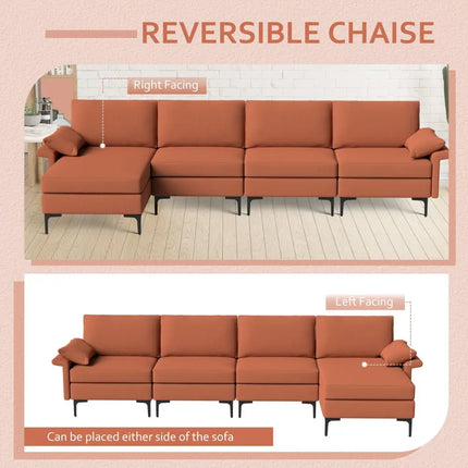 Extra Large L-shaped Sectional Sofa with Reversible Chaise and 2 USB Ports for 4-5 People-Rust Red - Red - Sofas &
