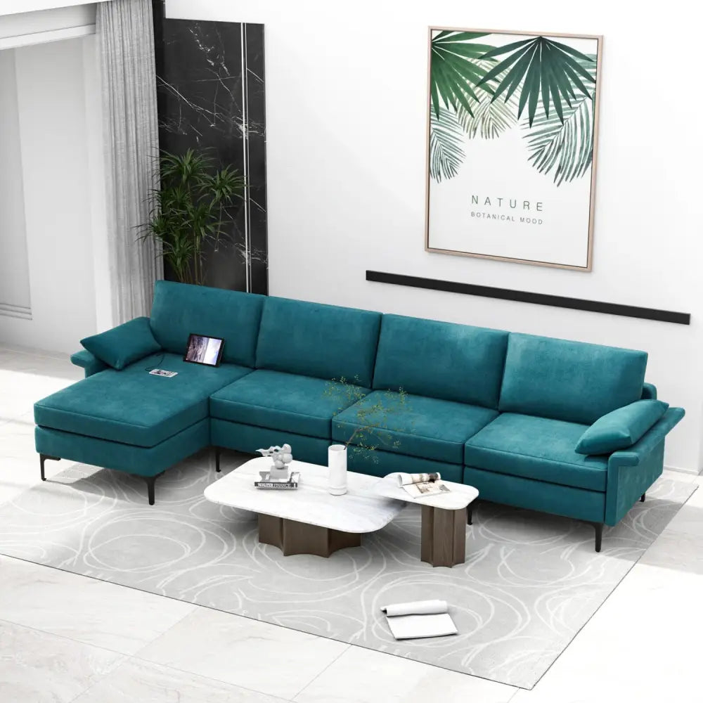 Extra Large L-shaped Sectional Sofa with Reversible Chaise and 2 USB Ports for 4-5 People-Peacock Blue - Turquoise