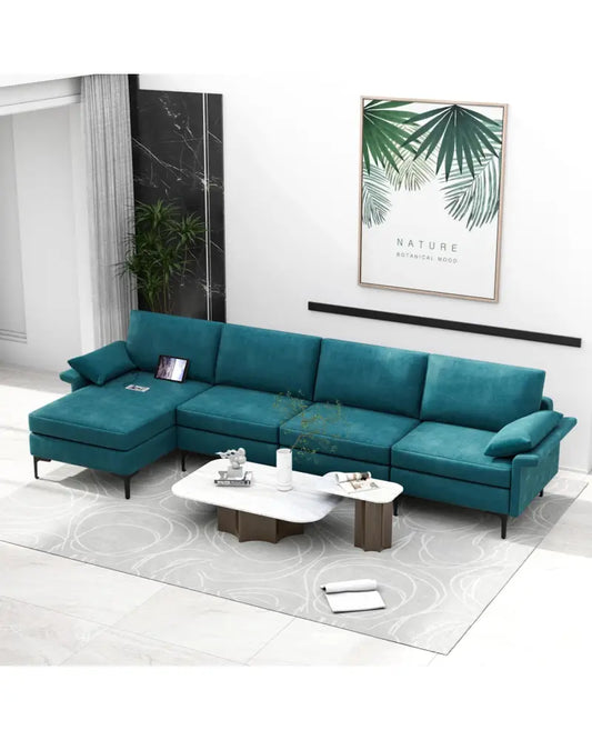 Extra Large L-shaped Sectional Sofa with Reversible Chaise and 2 USB Ports for 4-5 People-Peacock Blue - Turquoise