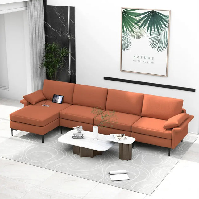 Extra Large L-shaped Sectional Sofa with Reversible Chaise and 2 USB Ports for 4-5 People-Rust Red - Red - Sofas &