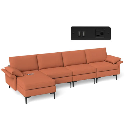 Extra Large L-shaped Sectional Sofa with Reversible Chaise and 2 USB Ports for 4-5 People-Rust Red - Red - Sofas &