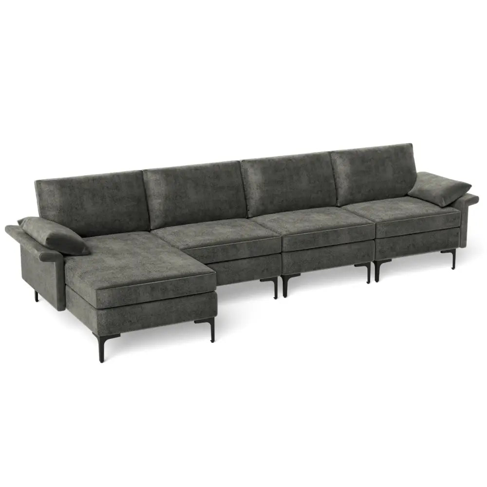 Extra Large L-shaped Sectional Sofa with Reversible Chaise and 2 USB Ports for 4-5 People-Gray - Gray - Sofas &
