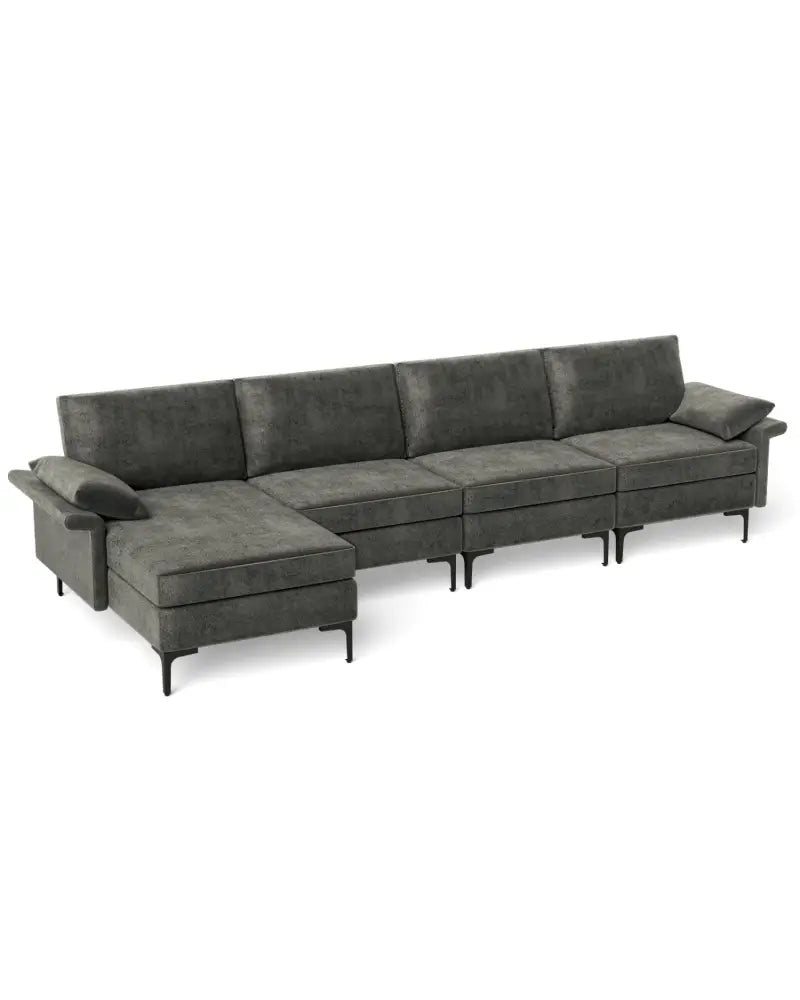 Extra Large L-shaped Sectional Sofa with Reversible Chaise and 2 USB Ports for 4-5 People-Gray - Gray - Sofas &