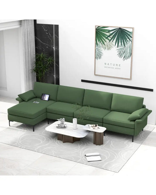 Extra Large L-shaped Sectional Sofa with Reversible Chaise and 2 USB Ports for 4-5 People-Army Green - Army Green