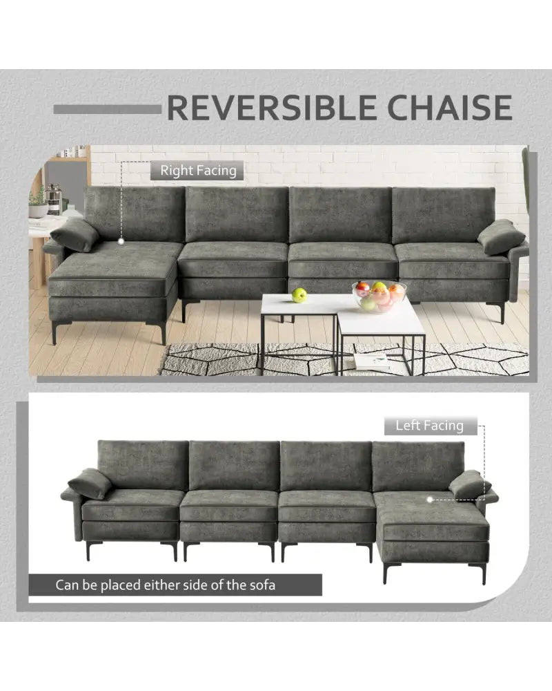 Extra Large L-shaped Sectional Sofa with Reversible Chaise and 2 USB Ports for 4-5 People-Gray - Gray - Sofas &