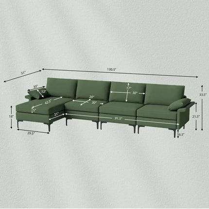 Extra Large L-shaped Sectional Sofa with Reversible Chaise and 2 USB Ports for 4-5 People-Army Green - Army Green