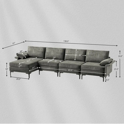 Extra Large L-shaped Sectional Sofa with Reversible Chaise and 2 USB Ports for 4-5 People-Gray - Gray - Sofas &