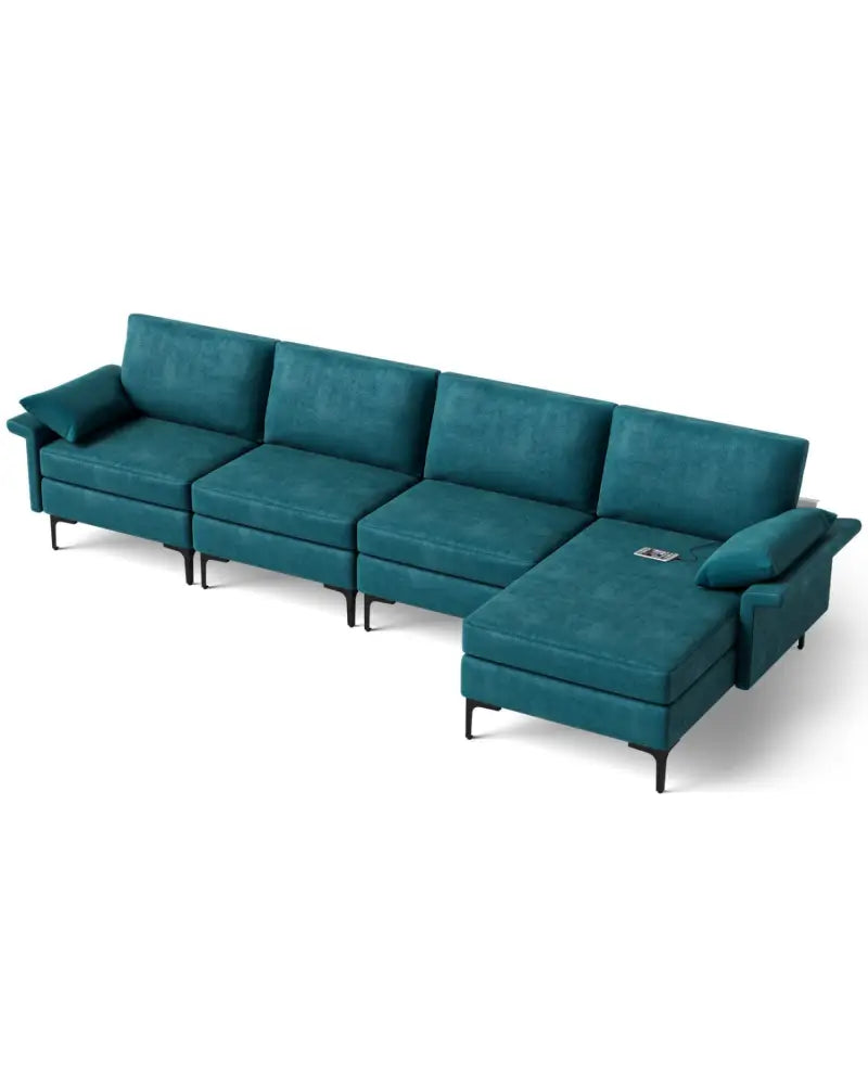 Extra Large L-shaped Sectional Sofa with Reversible Chaise and 2 USB Ports for 4-5 People-Peacock Blue - Turquoise
