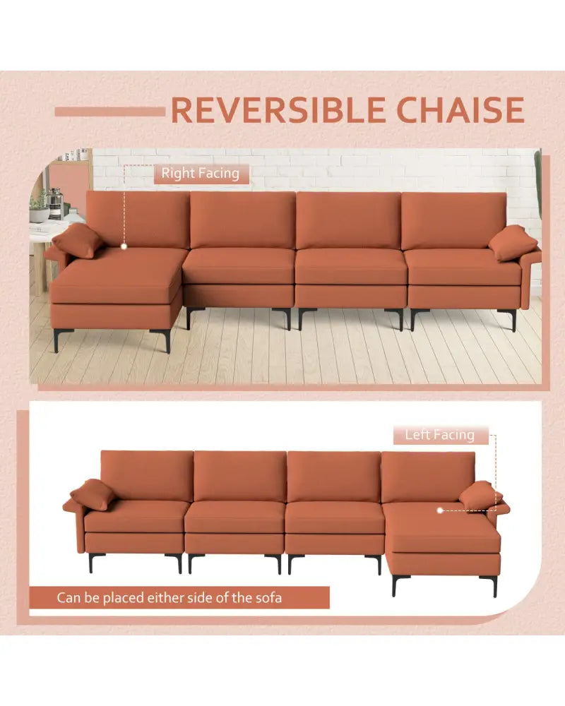Extra Large L-shaped Sectional Sofa with Reversible Chaise and 2 USB Ports for 4-5 People-Rust Red - Red - Sofas &
