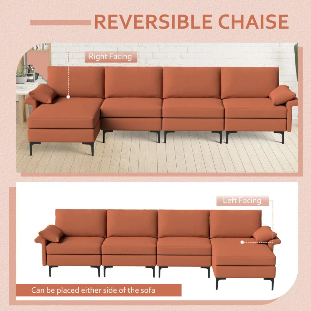 Extra Large L-shaped Sectional Sofa with Reversible Chaise and 2 USB Ports for 4-5 People-Rust Red - Red - Sofas &