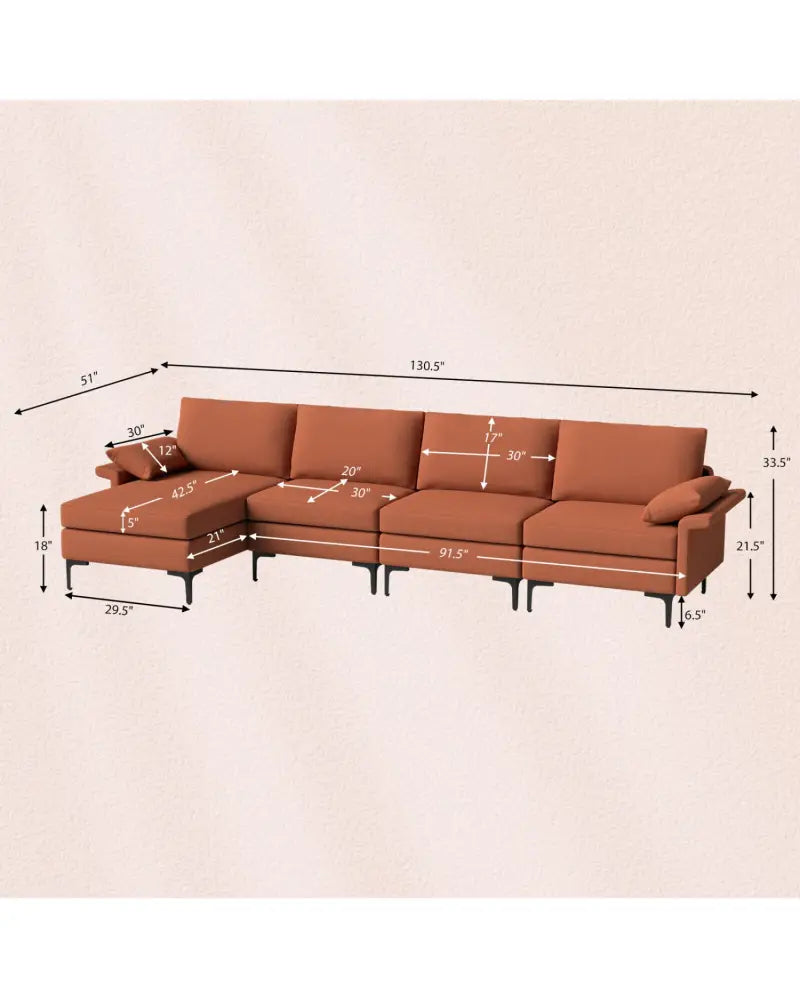 Extra Large L-shaped Sectional Sofa with Reversible Chaise and 2 USB Ports for 4-5 People-Rust Red - Red - Sofas &