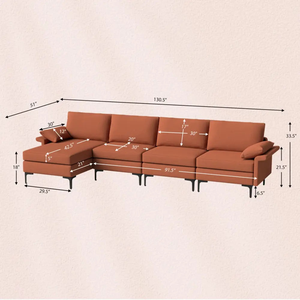 Extra Large L-shaped Sectional Sofa with Reversible Chaise and 2 USB Ports for 4-5 People-Rust Red - Red - Sofas &