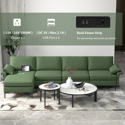 Extra Large L-shaped Sectional Sofa with Reversible Chaise and 2 USB Ports for 4-5 People-Army Green - Army Green