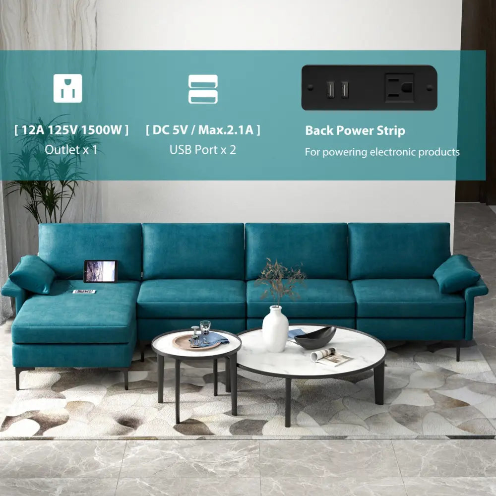Extra Large L-shaped Sectional Sofa with Reversible Chaise and 2 USB Ports for 4-5 People-Peacock Blue - Turquoise