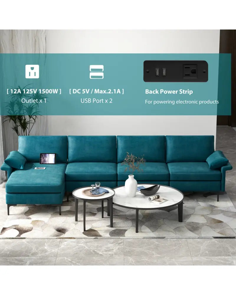 Extra Large L-shaped Sectional Sofa with Reversible Chaise and 2 USB Ports for 4-5 People-Peacock Blue - Turquoise