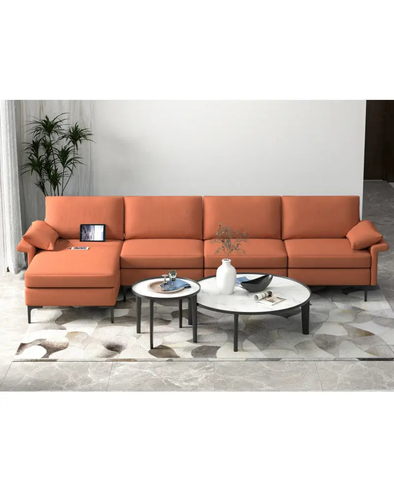 Extra Large L-shaped Sectional Sofa with Reversible Chaise and 2 USB Ports for 4-5 People-Rust Red - Red - Sofas &