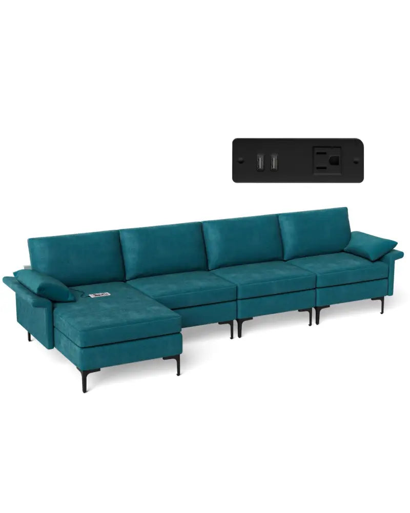 Extra Large L-shaped Sectional Sofa with Reversible Chaise and 2 USB Ports for 4-5 People-Peacock Blue - Turquoise