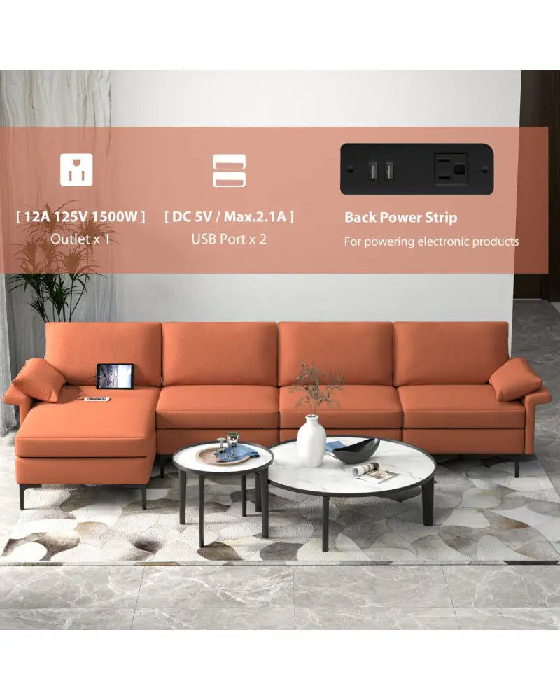 Extra Large L-shaped Sectional Sofa with Reversible Chaise and 2 USB Ports for 4-5 People-Rust Red - Red - Sofas &