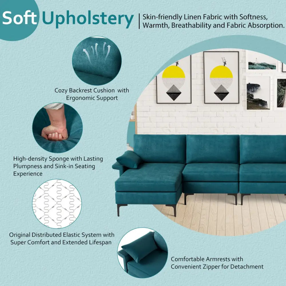 Extra Large L-shaped Sectional Sofa with Reversible Chaise and 2 USB Ports for 4-5 People-Peacock Blue - Turquoise