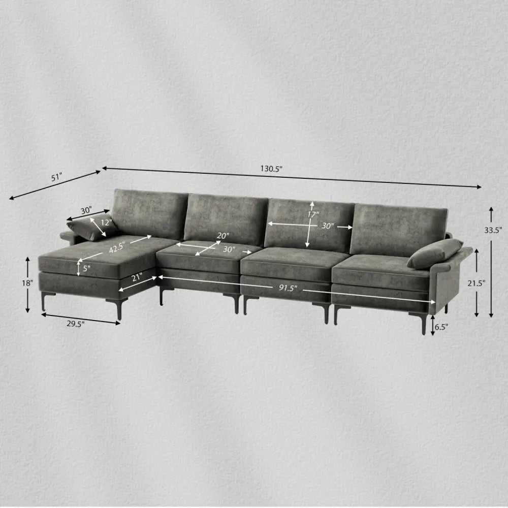 Extra Large L-shaped Sectional Sofa with Reversible Chaise and 2 USB Ports for 4-5 People-Gray - Gray - Sofas &