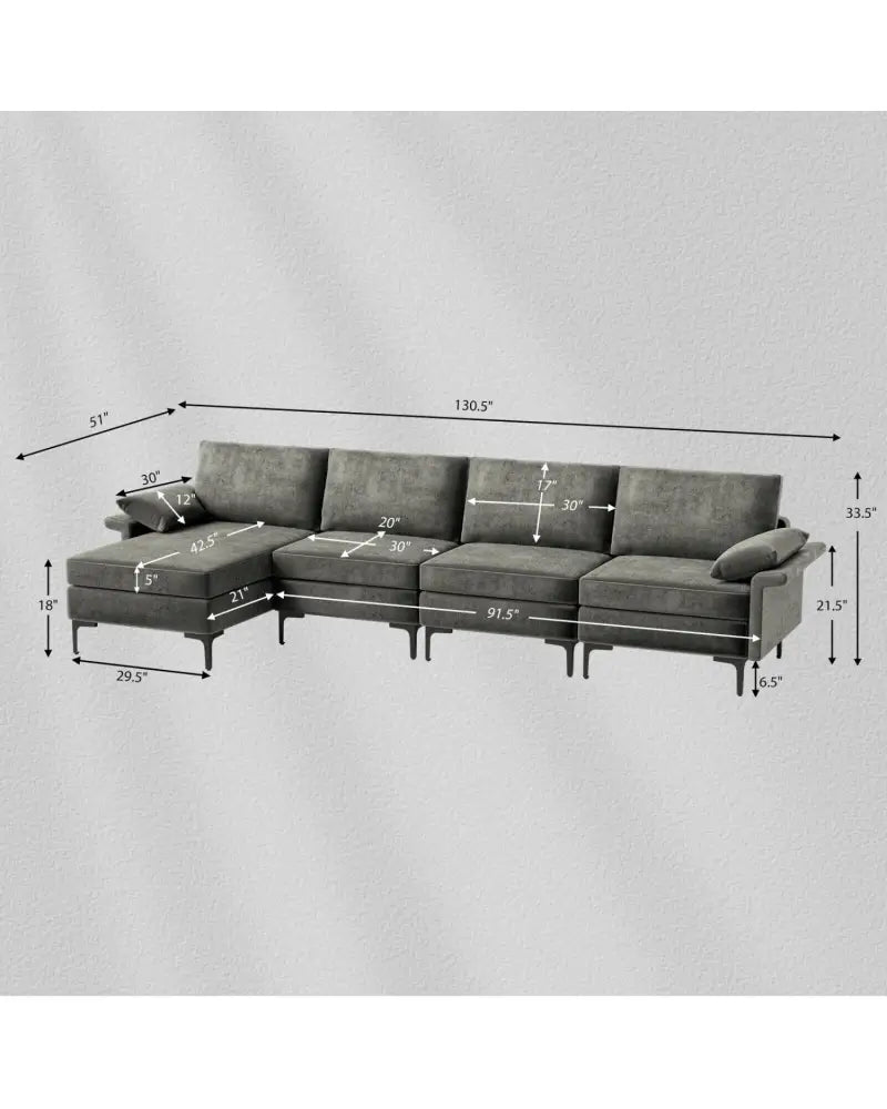 Extra Large L-shaped Sectional Sofa with Reversible Chaise and 2 USB Ports for 4-5 People-Gray - Gray - Sofas &