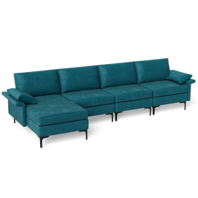 Extra Large L-shaped Sectional Sofa with Reversible Chaise and 2 USB Ports for 4-5 People-Peacock Blue - Turquoise