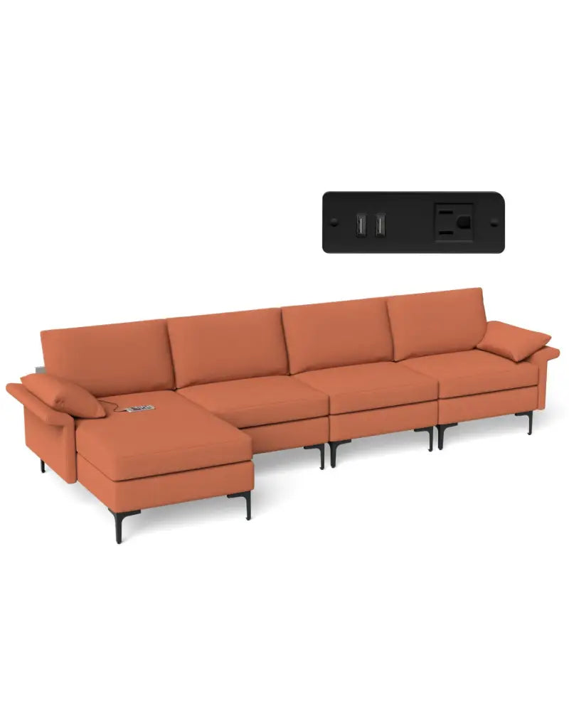 Extra Large L-shaped Sectional Sofa with Reversible Chaise and 2 USB Ports for 4-5 People-Rust Red - Red - Sofas &