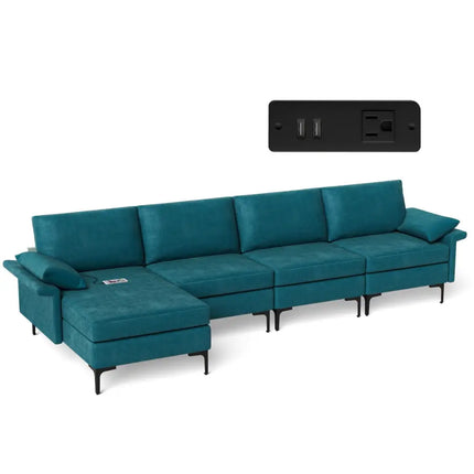 Extra Large L-shaped Sectional Sofa with Reversible Chaise and 2 USB Ports for 4-5 People-Peacock Blue - Turquoise